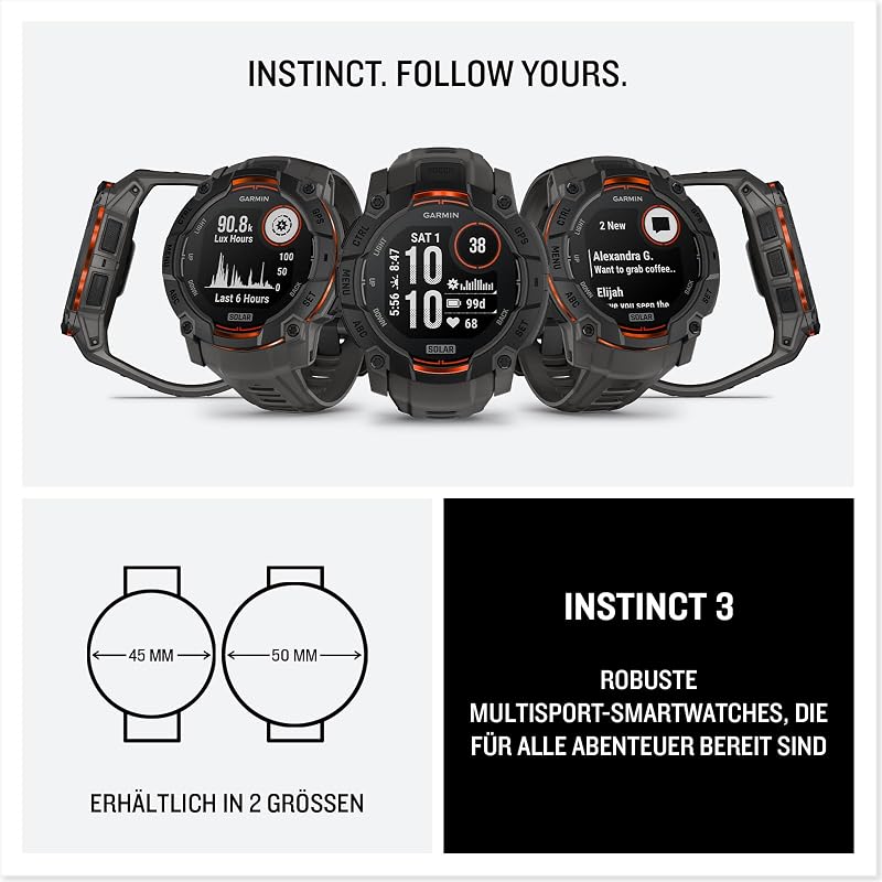 Instinct 3 50mm SOLAR – GPS-Multisport-Smartwatch, 1,1" Display, bis zu 40 Tage Akkulaufzeit, 80+ Sport-Apps, Navigationsfunktion, smarte Features, LED-Taschenlampe, wasserdicht