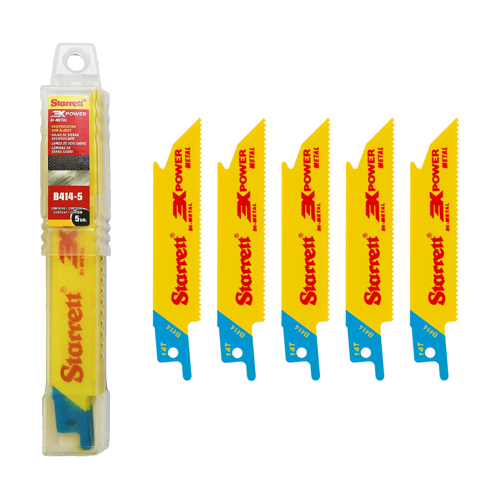 Starrett Metal Cutting Reciprocating Saw Blade - 5 Pieces B414-5 100 mm/4" Inch 14 TPI Unified Shank Straight Cut Bi-Metal - Compatible with Bosch Dewalt Makita & Many Others