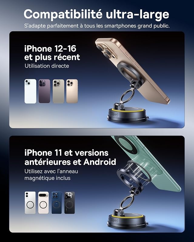 VC2 Flex Support Téléphone Voiture Magnétique à Ventouse, Support Magsafe Voiture pour Tableau de Bord et Pare-Brise, Réglable à 720° et Pliable pour iPhone 16 15 14 13 Pro Max
