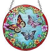 ROSNINIKA Stained Glass Window Hanging, Butterfly Suncatchers For Windows Hanging, Handcrafted Sun Catchers Indoor Window Panel for Home Decor, Gift For Mother's Day, Christmas, Thanksgiving, Round 6"