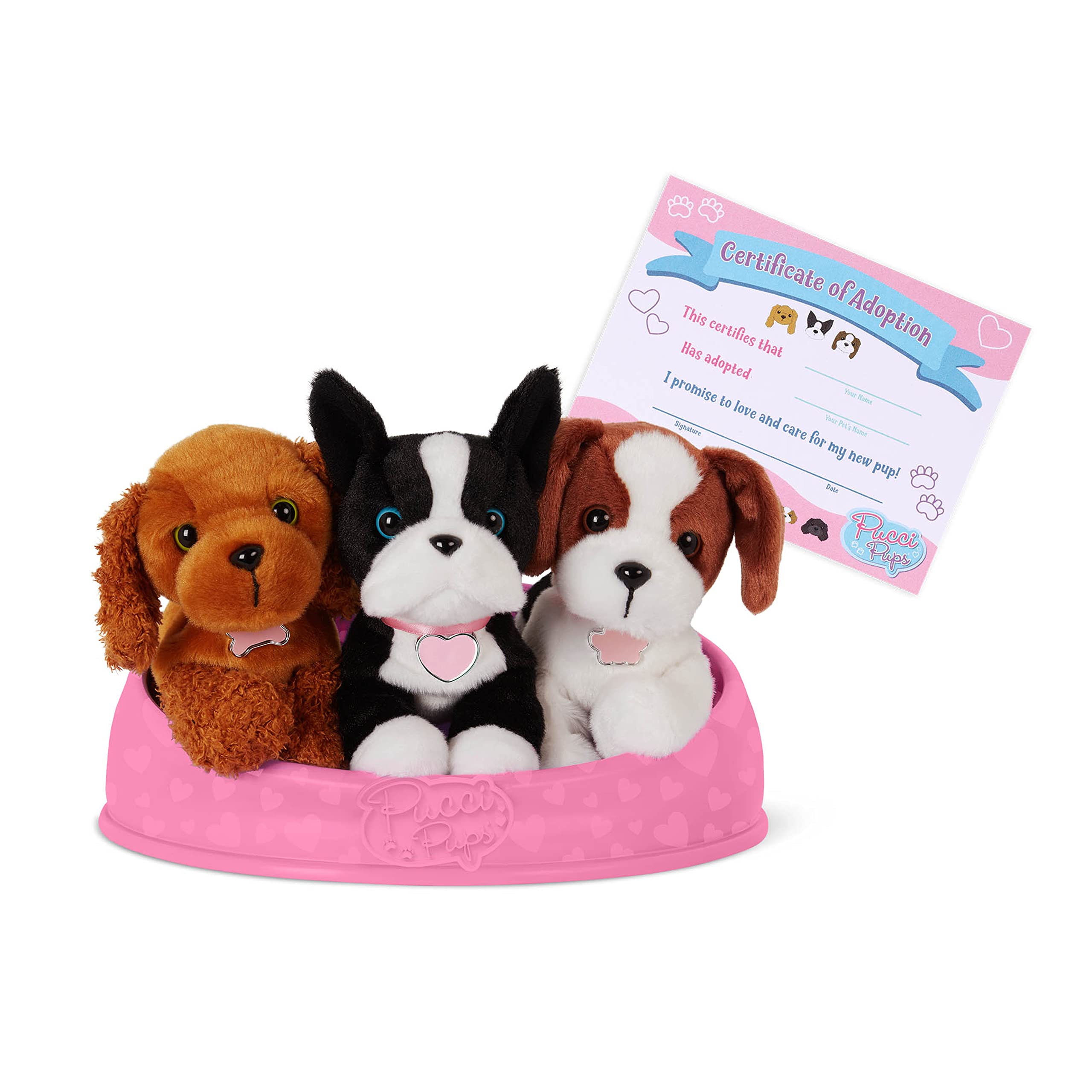 Pucci Pups – Adopt-a-Pup – Cocker Spaniel, Boston Terrier, Beagle – Plush Toy Dogs with Dog Bed – Plush Dog for Kids 2+ Years