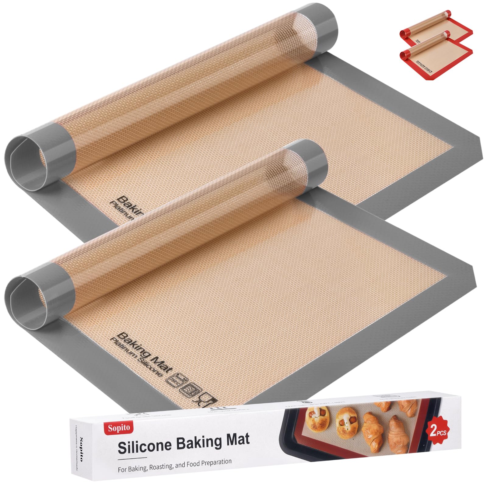 Silicone Baking Mat, Sopito 2pcs Non Stick Baking Sheets 16.5 Inch x11 Inch Heat Resistant 250°C/480°F Silicone Pastry Mat, Grey