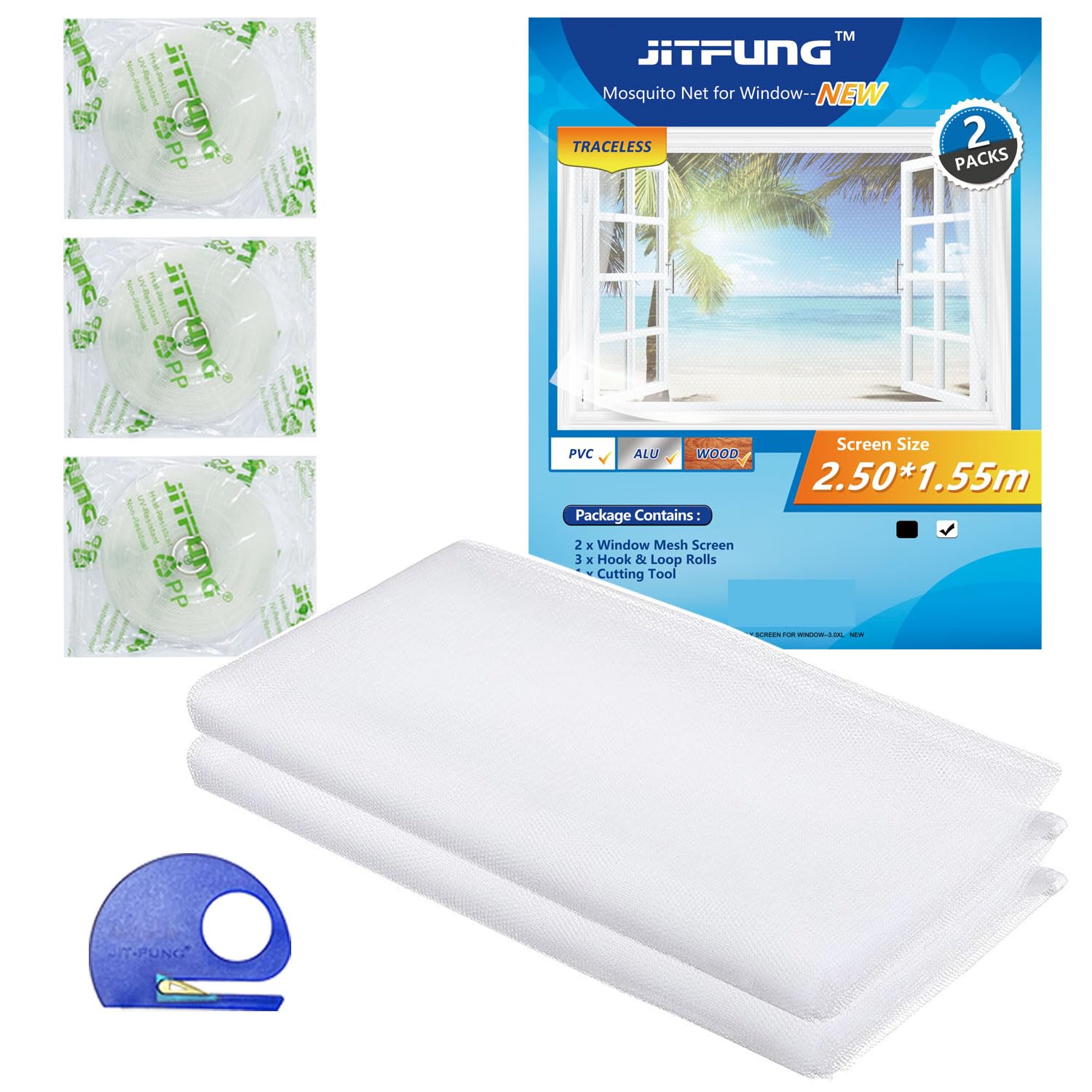 JIT-FUNG DIY Fly Screen for Windows, 2 Packs of Mosquito Net Insect Mesh 250x155CM with 3 Rolls [UPGARDE] Self-Adhesive Tapes & Cutter, White (Honeycomb, Set of 2)