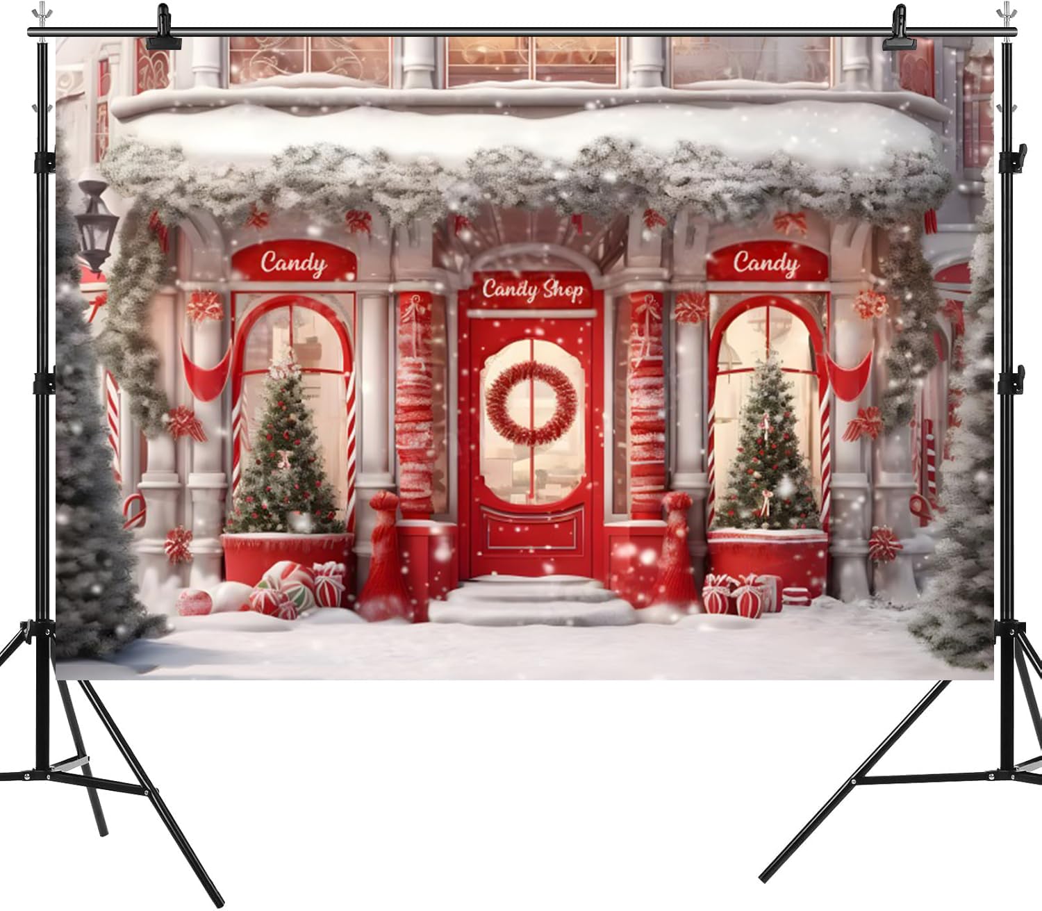 Photo 1 of 10x8ft Christmas Candy Shop Backdrop Winter Snow Scene Merry Christmas Photography Background Red Xmas Gingerbread House Banner Santa Candy Backdrop Christmas Baby Shower Candy Themed Birthday Decor