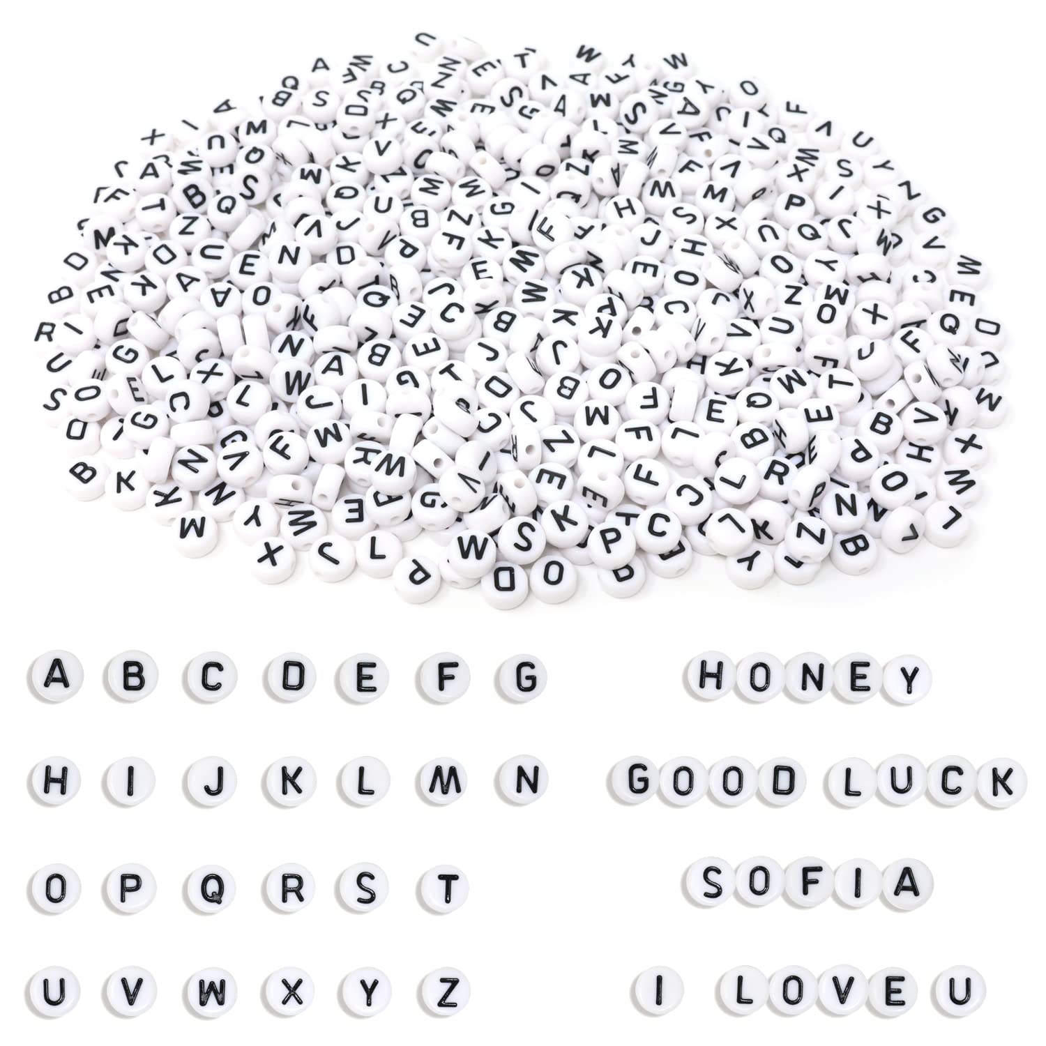 Honbay 600PCS Mini White Acrylic Beads Round Alphabet Letter Beads Spacer Beads Loose Beads for Jewelry Making, Bracelets, Necklaces, Earrings, Keychains, etc