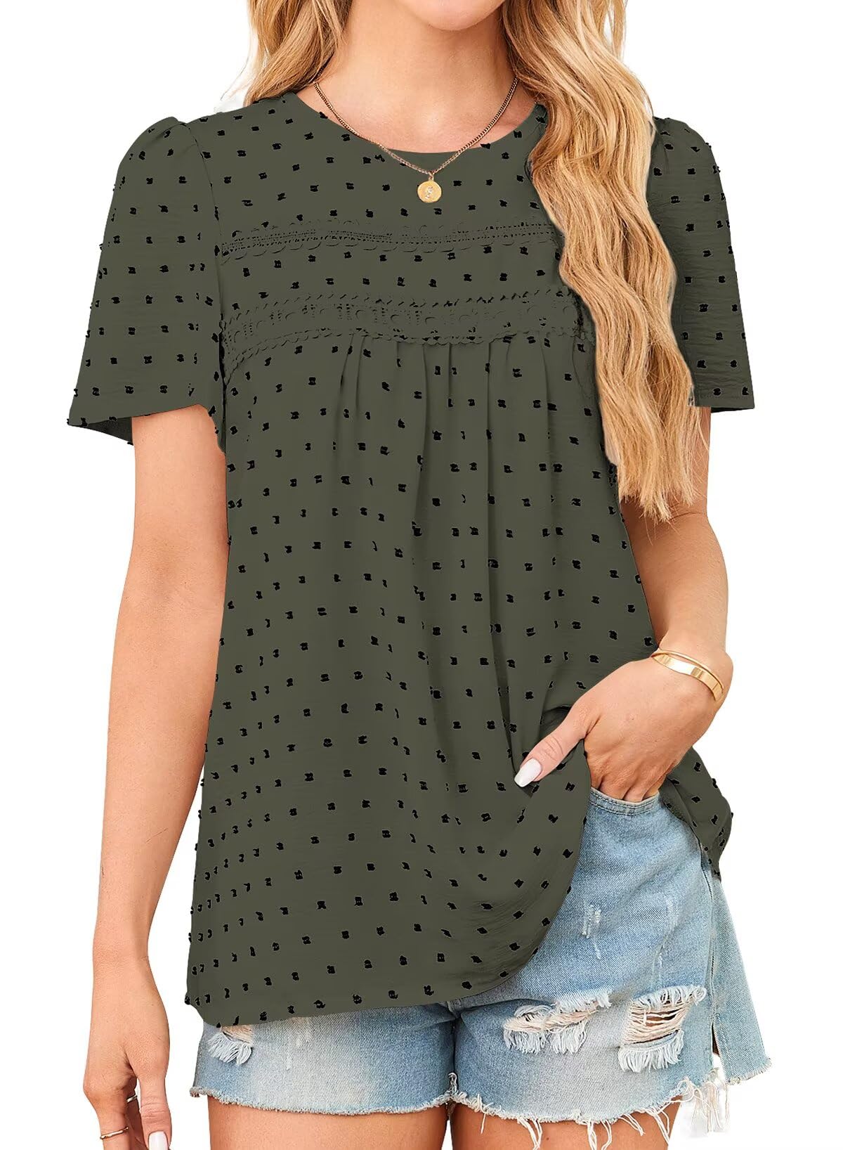 Falechay Green-Black Dots Tops for Women Solid
