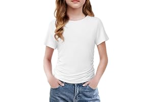 Arshiner Girls Shirts Side Ruched Short Sleeve Crewneck Fitted Tops Casual Summer Soft Tee Clothes 5-12 Years
