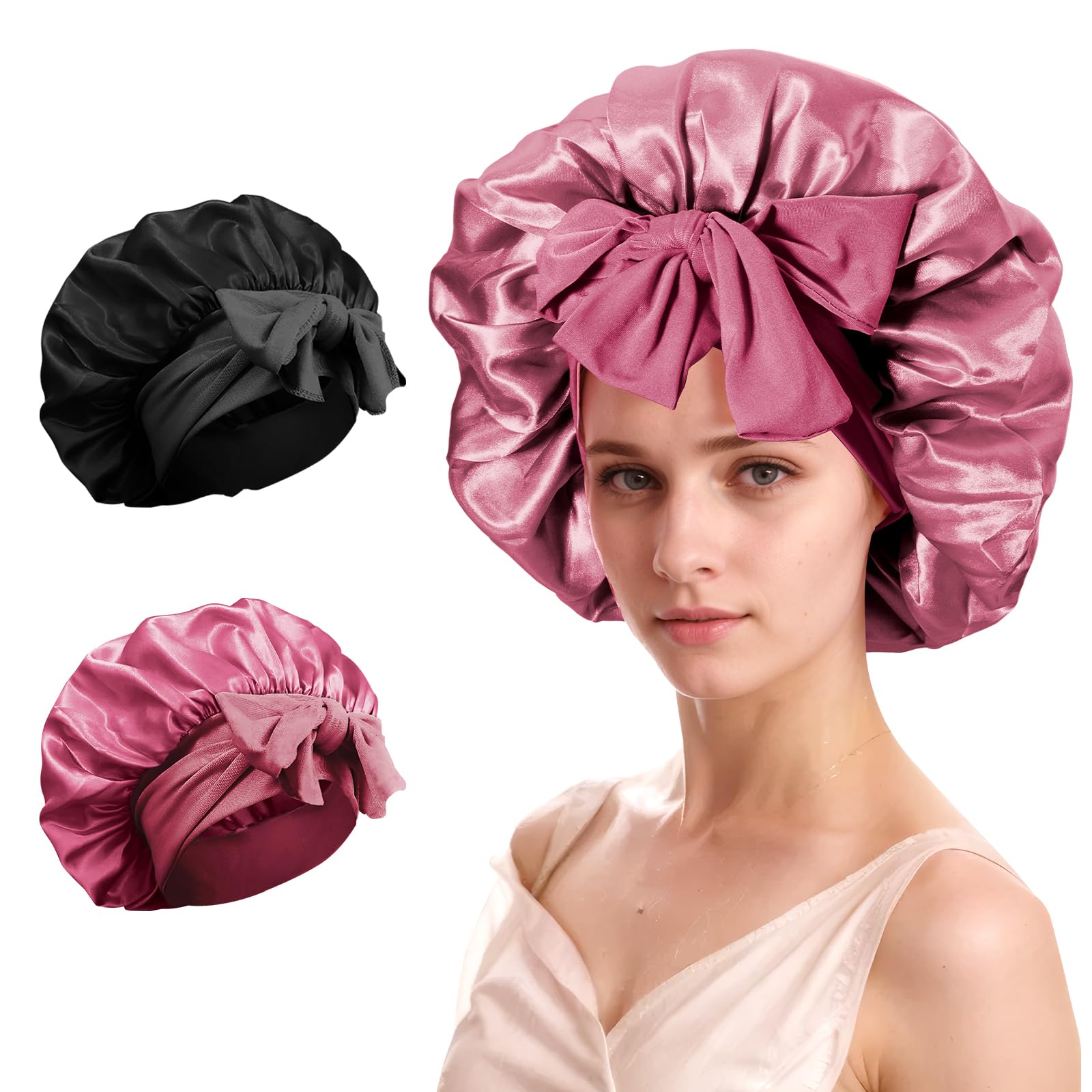 COODAM Silk Satin Hair Bonnet for Sleeping - 2PCS Silk Sleep Bonnets for Women Curly Hair, Soft Breathable Satin Bonnet with Tie Band Hair Wrap Cap for Sleeping (#01)