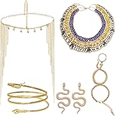 Heliltd 5Pcs Egyptian Costume Accessories Set Include Tassel Egyptian Headpiece for Women Golden Snake Arm Cuff Necklace Bracelet Earrings for Cosplay Party