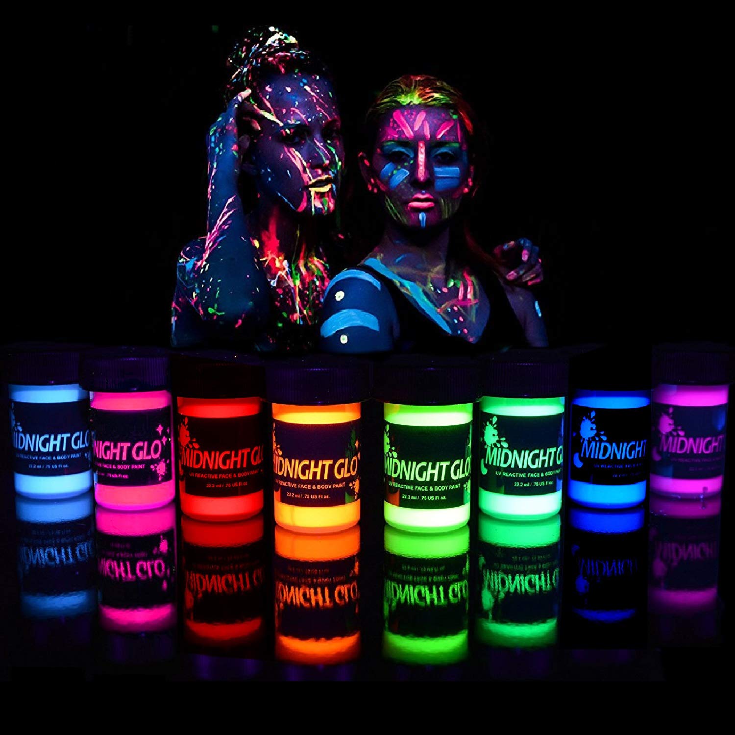 Midnight Glo Black Light Face and Body Paint (Set of 8 Bottles 0.75 oz. Each) Neon Fluorescent
