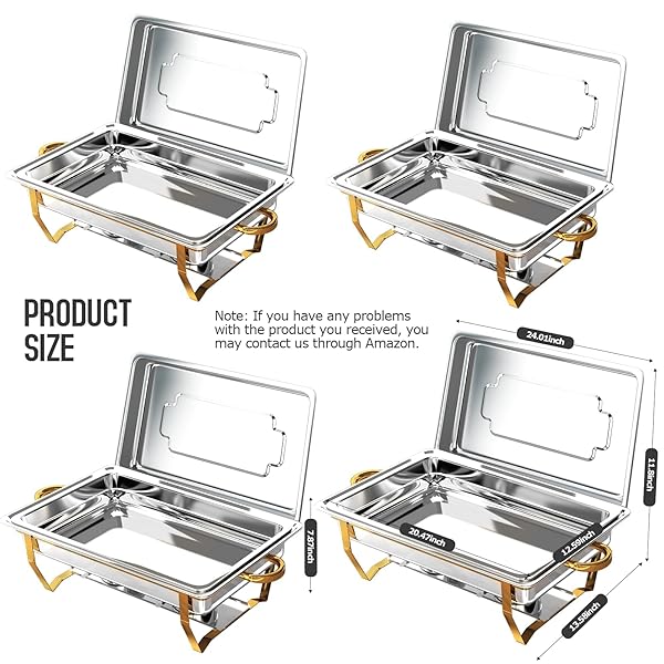 CHAFING DISHES FOR BUFFET 4 PACK, [ELEGANT GOLD AND SILVER] STAINLESS STEEL CHAFING DISH BUFFET SET, 9QT NO-FINGER CUT ROLL EDGE CHAFERS AND BUFFET WARMERS SETS FOR PARTY (GOLD FULL PANX4)