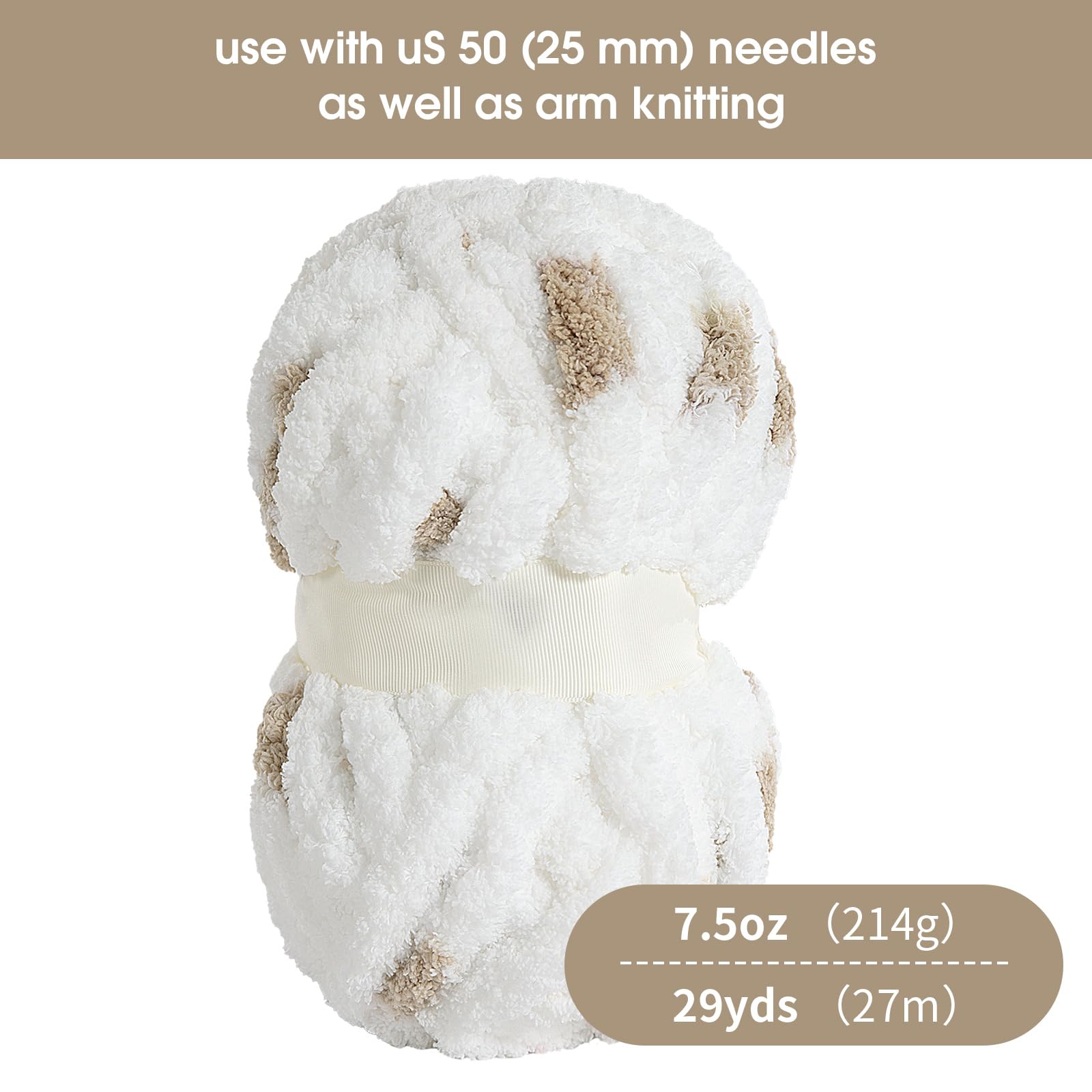 HOMBYS Chunky Chenille Yarn for Hand Knitting,Fluffy Plush Thick Yarn for Arm Knitting,Super Bulky Giant Yarn,Big Soft Speckle Yarn for Crocheting,8 Jumbo Pack,White & Kahki (29 yds,7.5 oz Each Skein)