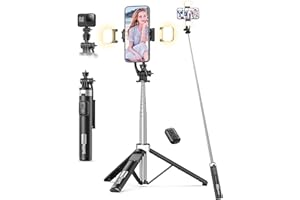 Selfie Stick with 2 Fill Light, 53'' Tripod for Cell Phone with Wireless Remote, 360° Rotating Portable Phone Tripod with Det