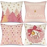 MODOVOS Christmas Pink Gold Snowflake Throw Pillow Covers Merry Christmas Tree Pillow Covers 18x18 Set of 4 Winter Holiday Cushion Case Polka Dot Decoration for Sofa Couch
