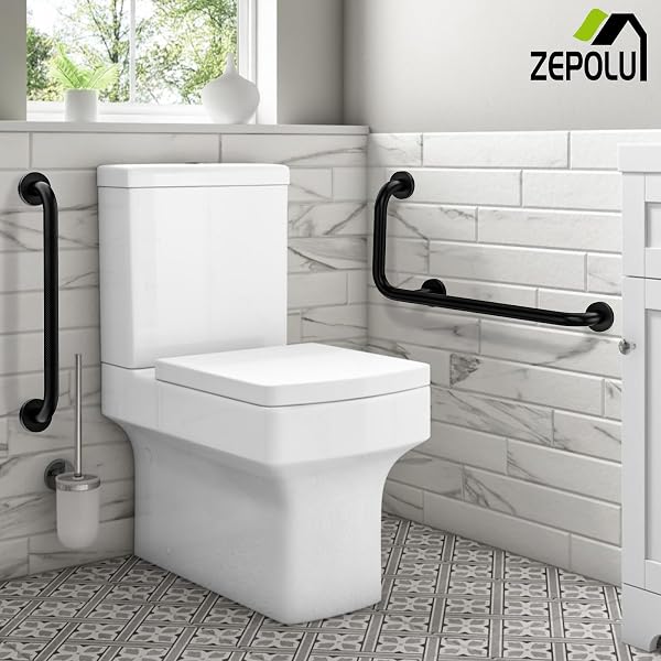BLACK L-SHAPED GRAB BAR 12X24 INCH + KNURLED SHOWER GRAB RAIL 20 INCH, ZEPOLU STAINLESS STEEL TOILET SAFETY BAR 90 DEGREE, ANGLED BALANCE SUPPORT ASSIST BAR FOR ELDERLY, BATHROOM MOBILITY AID HANDRAIL