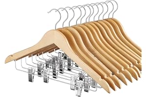 HOUSE DAY 12 Pack High-Grade Wooden Suit Hangers Skirt Hangers with Clips Solid Wood Pants Hanger Natural Smooth Finish Premium Wood Hanger with Durable Metal Clips for Blouse, Dress, Coat, Jacket