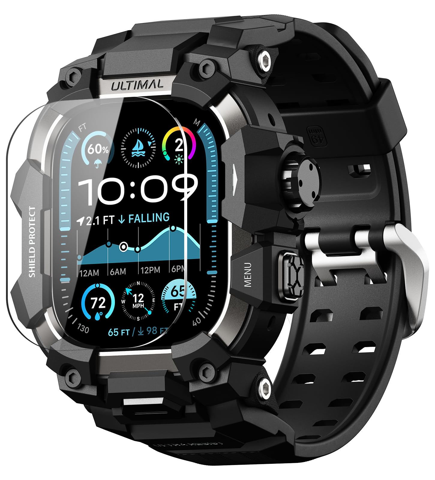 Photo 1 of ULTIMAL Rugged Case with Band for Apple Watch 49mm,Compatible with Apple Watch Ultra/Ultra 2, Military Grade Shockproof Bumper Cover for iWatch Tactical Band Men (49mm,Black)