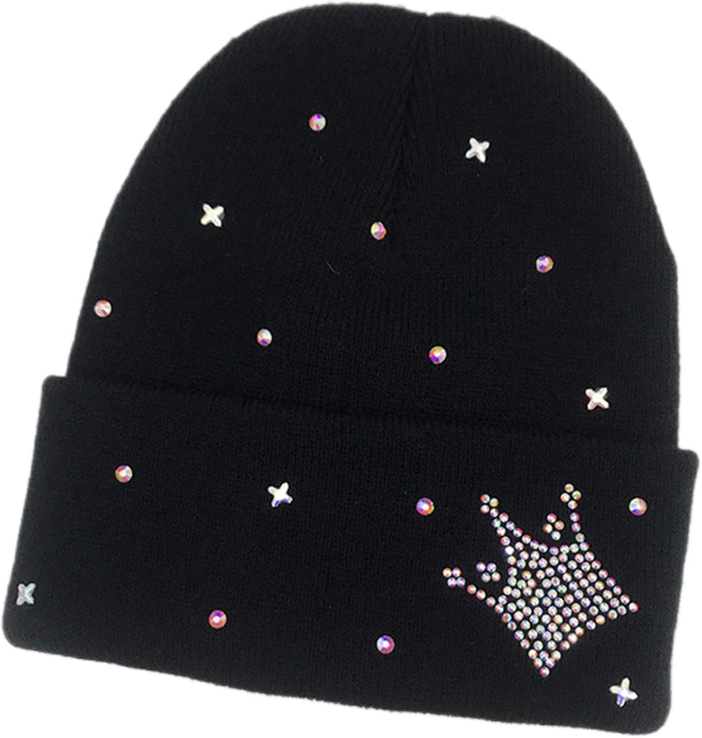 QYIYA Women Winter Knit Cuffed Beanie Hat Glitter Rhinestone Jewelry