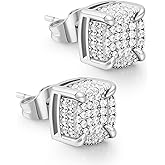 WORFAJEW Moissanite Earrings for Men, Lab Diamond Cluster Studs Sterling Silver 18K Gold Plated Hypoallergenic Iced Out Big Hip Hop Earring Square Push Back with VVS1 GRA Certified 8/9/10MM