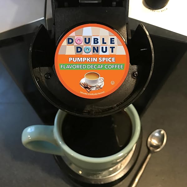DOUBLE DONUT COFFEE MEDIUM ROAST DECAF COFFEE PODS, PUMPKIN SPICE FLAVORED, FOR KEURIG K-CUP MACHINES, 24 SINGLE-SERVE CAPSULES PER BOX