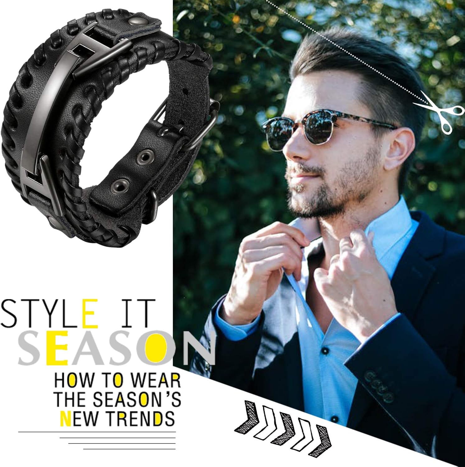 Cupimatch Men Black Adjustable Wide Leather Bracelet, Alloy Punk Braided Belt Cuff Bangle Wristband 7.8 inch for Fathers Day - Image 3