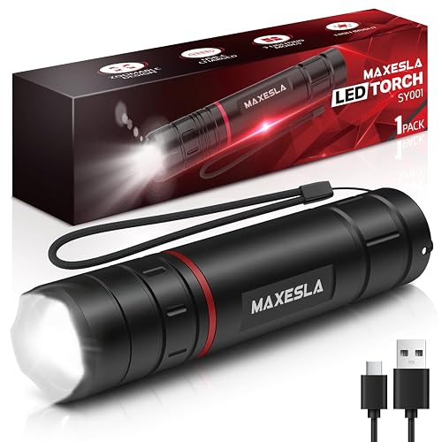 Maxesla LED Torch Rechargeable,Super Bright Flashlight with 3 Light Modes,Adjustable Focus,Pocket Size, Waterproof,Hand Torch for Camping,Hiking,and Emergency