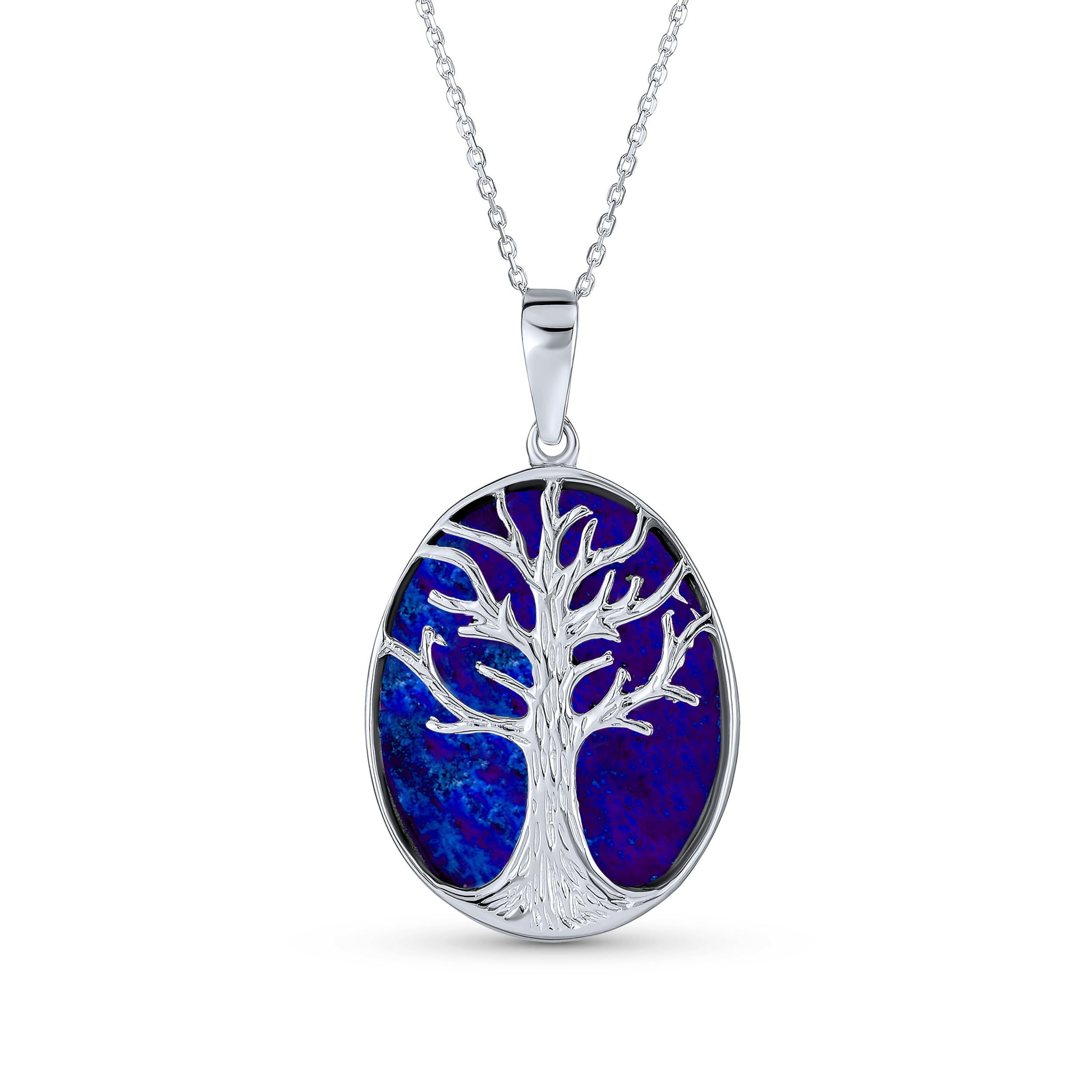 Blue Lapis Lazuli large Oval Wishing Tree Family Tree Of Life Pendant Necklace Western Jewelry For Women .925 Sterling Silver โ image 1