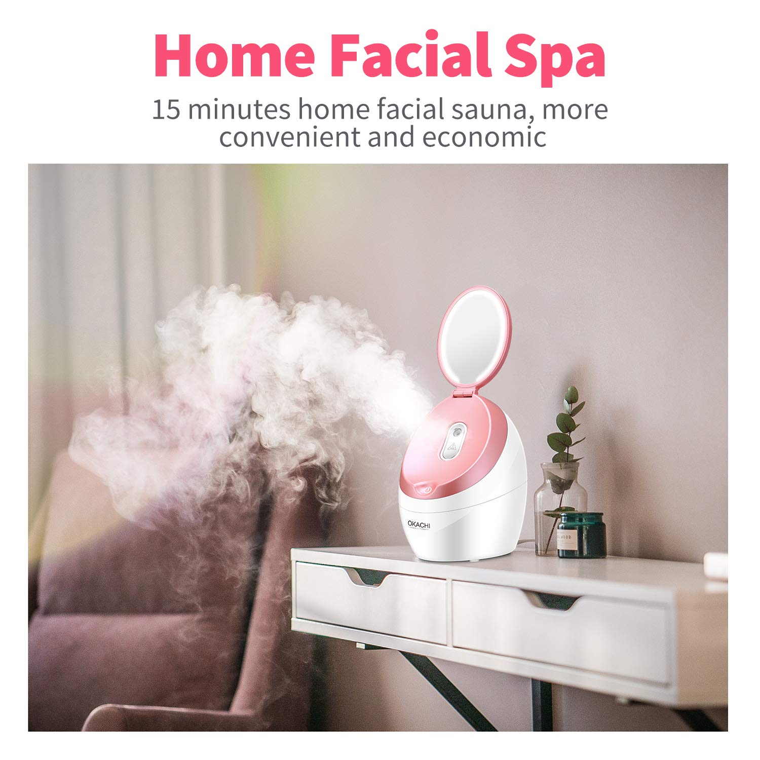 OKACHI GLIYA Nano Mist Face Steamer - Warm Mist Spa Facial Steamer Sprayer with LED Makeup Mirror - Home Sauna Humidifier Deep Moisturizing - Blackhead Remove Pores cleanse (Pink1): Beauty