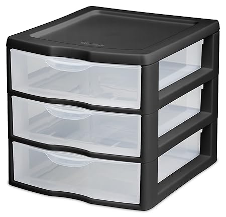 Sterilite 20739006 Small 3 Drawer Unit Black Frame With Clear