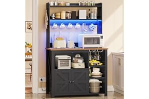 Itaar 35.4 inch Coffee Bar Cabinet, Bakers Rack with Power Outlet and Storage, Farmhouse Microwave Stand Kitchen Cabinet with Hutch, LED Lights, Wine Glass Holder and 8 Hooks, Black
