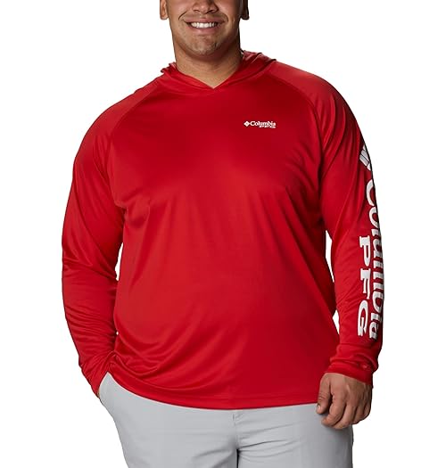 Columbia Men's PFG Terminal Tackle Long Sleeve Fishing Hoodie, Red Spark/White Logo, Large