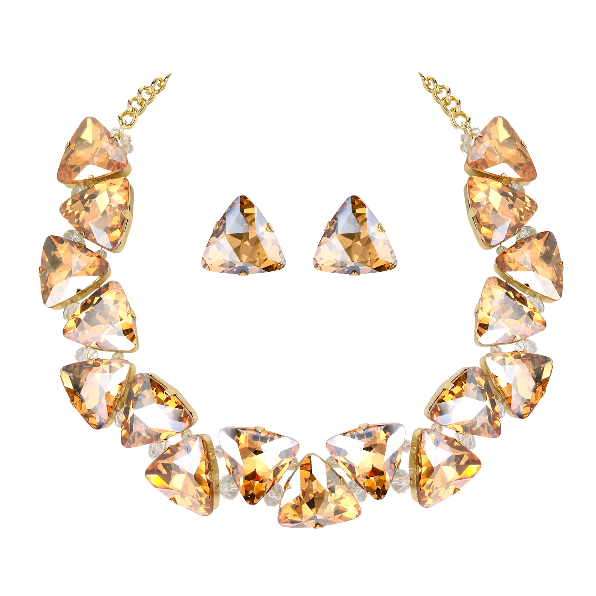 Clearine Art Deco Statement Necklace Earrings Set for Women Sparkly Rhinestone Crystal Triangle Jewellery for Prom Party Champagne Gold-Tone