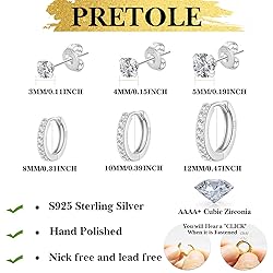 PRETOLE 6 Pairs Sterling Silver Stud Earrings for