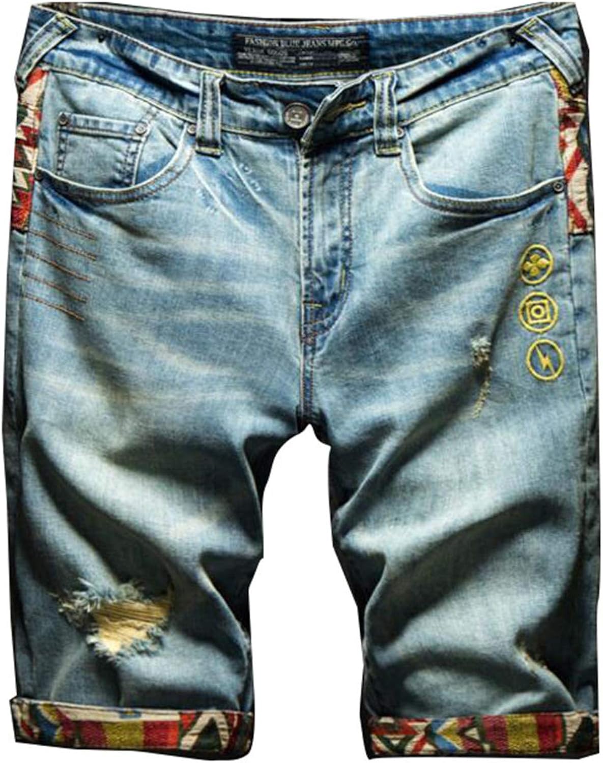 Summer Men Light Blue Denim Shorts Holes Stretch Slim Fit Casual Short