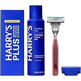Harry's Plus Shaving Kit for Men - Premium Handle, Razor Blade Cartridge, Foaming Shave Gel, and Travel Blade Cover - Advanced Pivoting System - Clay