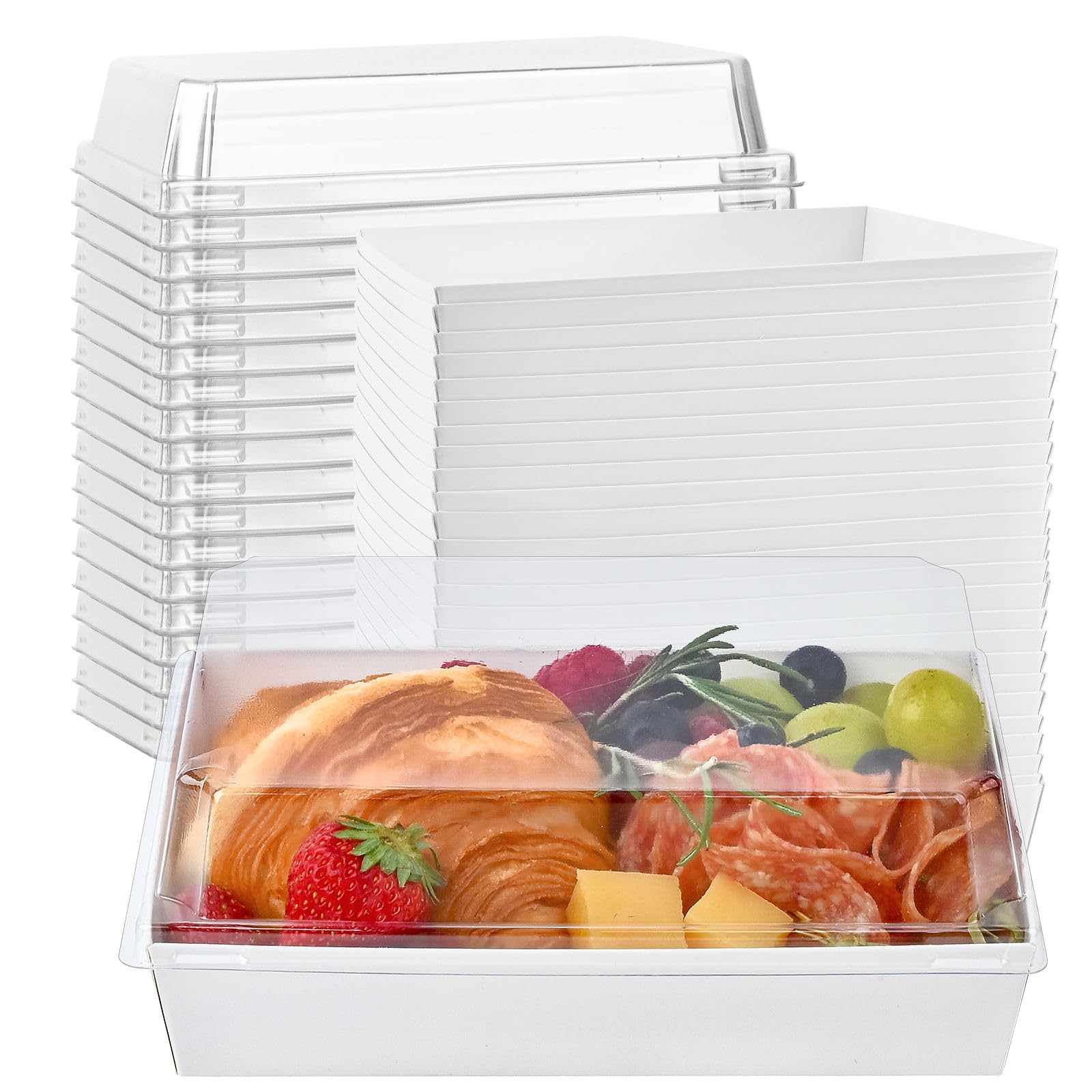 Photo 1 of Ocmoiy 7x5 Inch Charcuterie Boxes with Clear Lids, 50 Pack Paper Bakery Boxes with Window, Disposable Take Out Food Containers for Sandwiches, Strawberries, Cookies, Cupcakes (White)