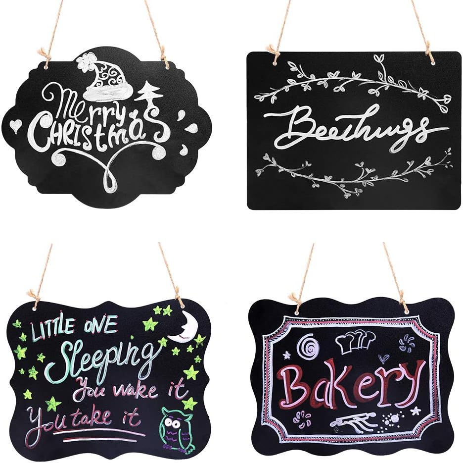 VSADEY 4 Pack Chalkboard Sign Hanging, Double-Sided Erasable Message Board, Small Hanging Liquid Chalkboard Signs with Hanging String for Wedding, Bar, Cafe, Restaurant : Office Products