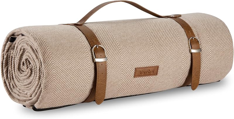 VonShef Picnic Blanket Beige Herringbone 200x220cm Waterproof Backing