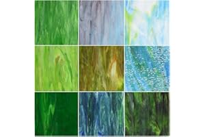KIPHEPI 9 Sheets,Stained Glass, 6 x 6 Inch Cathedral Art Glass, Mosaic Glass Supplies for Crafts, Assorted Colors Glass Sheets for Stained Glass Projects,Mixed-Green