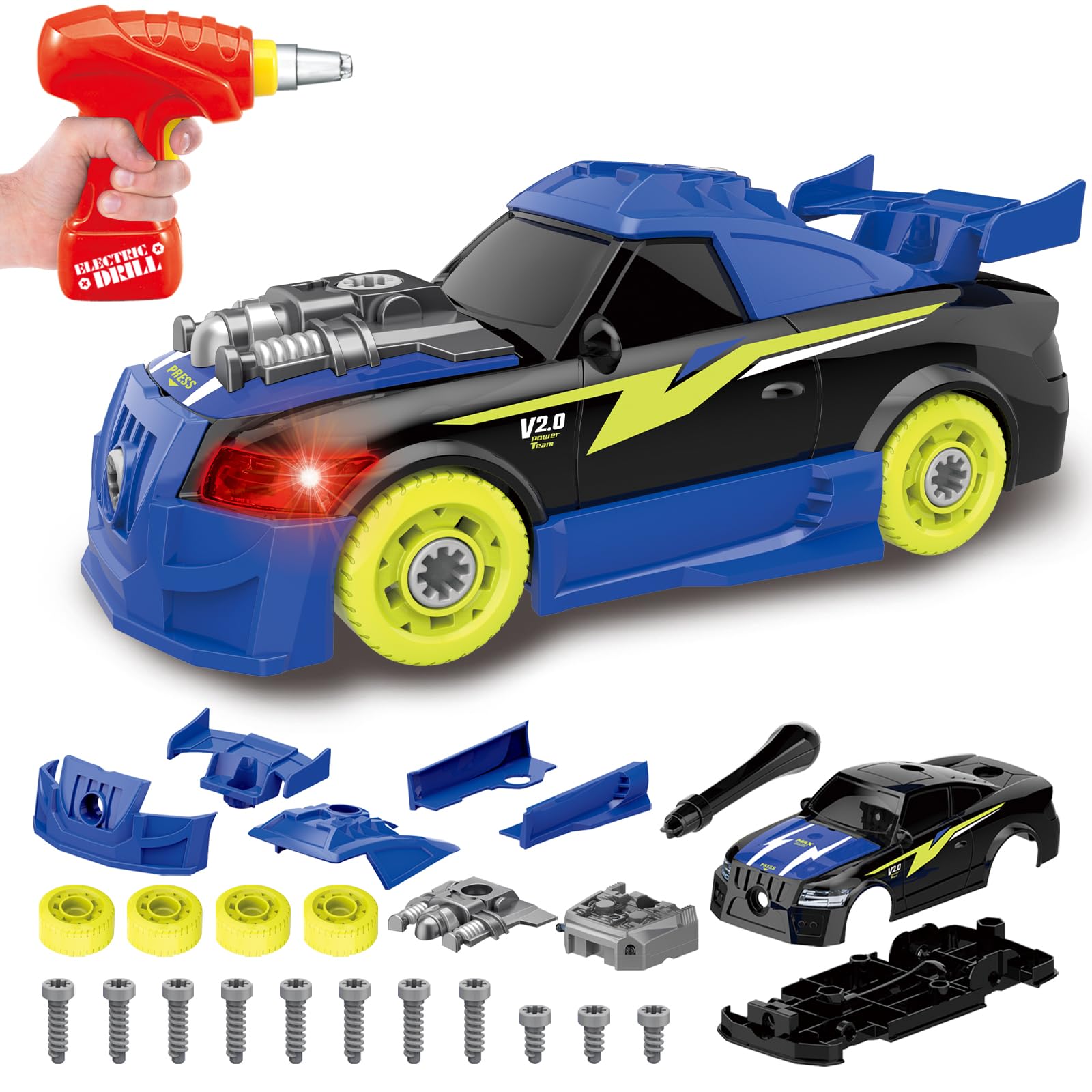 Photo 1 of Pup Go Take Apart Toy Racing Car for Kids Age 3+ Year Old, 2 in 1 Build Your Own Car with Realistic Sounds & Lights, Construction Vehicle Toys with Electric Drill, Ideal Gitfs for Boys(4 Spare Screws)
