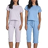 Real Essentials 2 Pack: Women's Cotton Short Sleeve Top and Capri Pants Pajama Lounge PJ Sets with Pocket (Available In Plus)