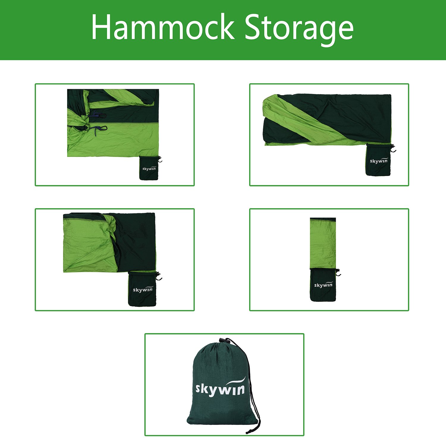 SKYWIN Camping Hängematte Leicht Fallschirm Hängematte Multifunktionell Zum Reisen,Camping,Wandern,Strand,Garten,Tragbar mit 2 Karabiner und 2 Hängende Seile 3 Meter von jedem (Grün Stitching)