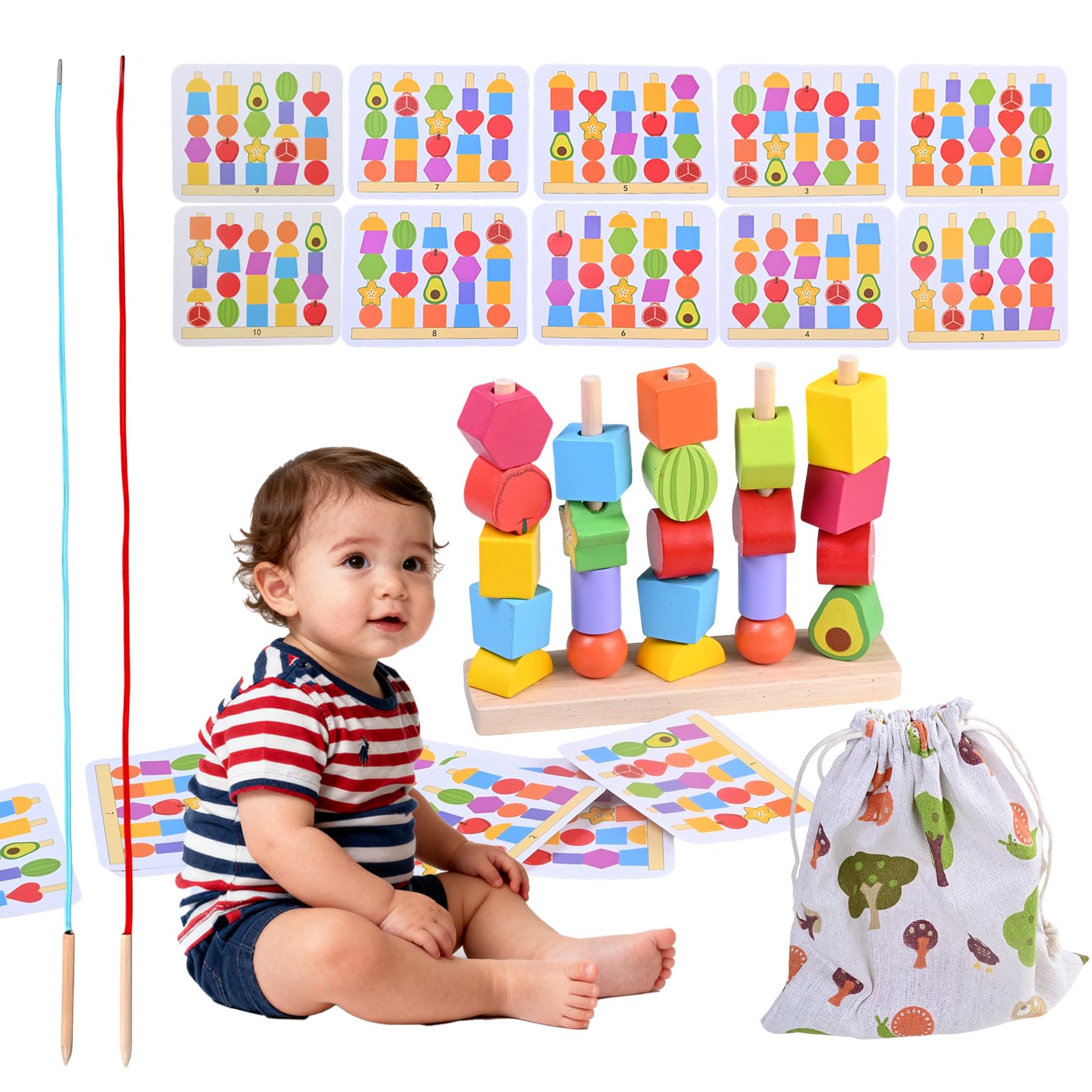 Rieoany Wooden Threading Stacking Toys for 1 2 3 4 5 Year Olds Girl Boy Fine Motor Skills Games Colour Sorting Learning Toys for Toddlers Educational Sensory Toy Toddler Activities