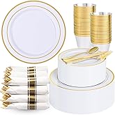 Sykomo 175PCS Disposable Plastic Plates,Gold Plastic Dinnerware Set Includes 25 Dinner Plates, 25 Dessert Plates, 25 Pre Rolled Napkins with Gold Silverware, 25 Cups for Party, Wedding, Birthday