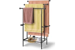 Haturi Free Standing Towel Rack for Bathroom, 39" Black 3-Tier Rust-Resistant Outdoor Towel Drying Rack for Pool, Metal Blanket Rack Holder with Storage Basket for Oversized Bath Towels