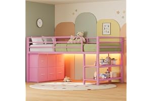 ADORNEVE Low Loft Bed Twin Size with 6 Storage Drawers, Twin Loft Bed with LED Lights, Metal Kids Loft Bed with Open Storage Shelves, Twin Bed Frame with 15" H Safety Guardrail for Kids, Pink