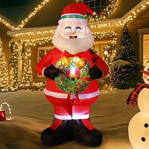 HAUSPROFI Christmas Inflatable Decorations, 8 FT Inflatable Christmas Blow Up Santa Claus with Glowing Wreath, Built-in LED Lights for Holiday Indoor Outdoor Party Yard Lawn Garden Decoration