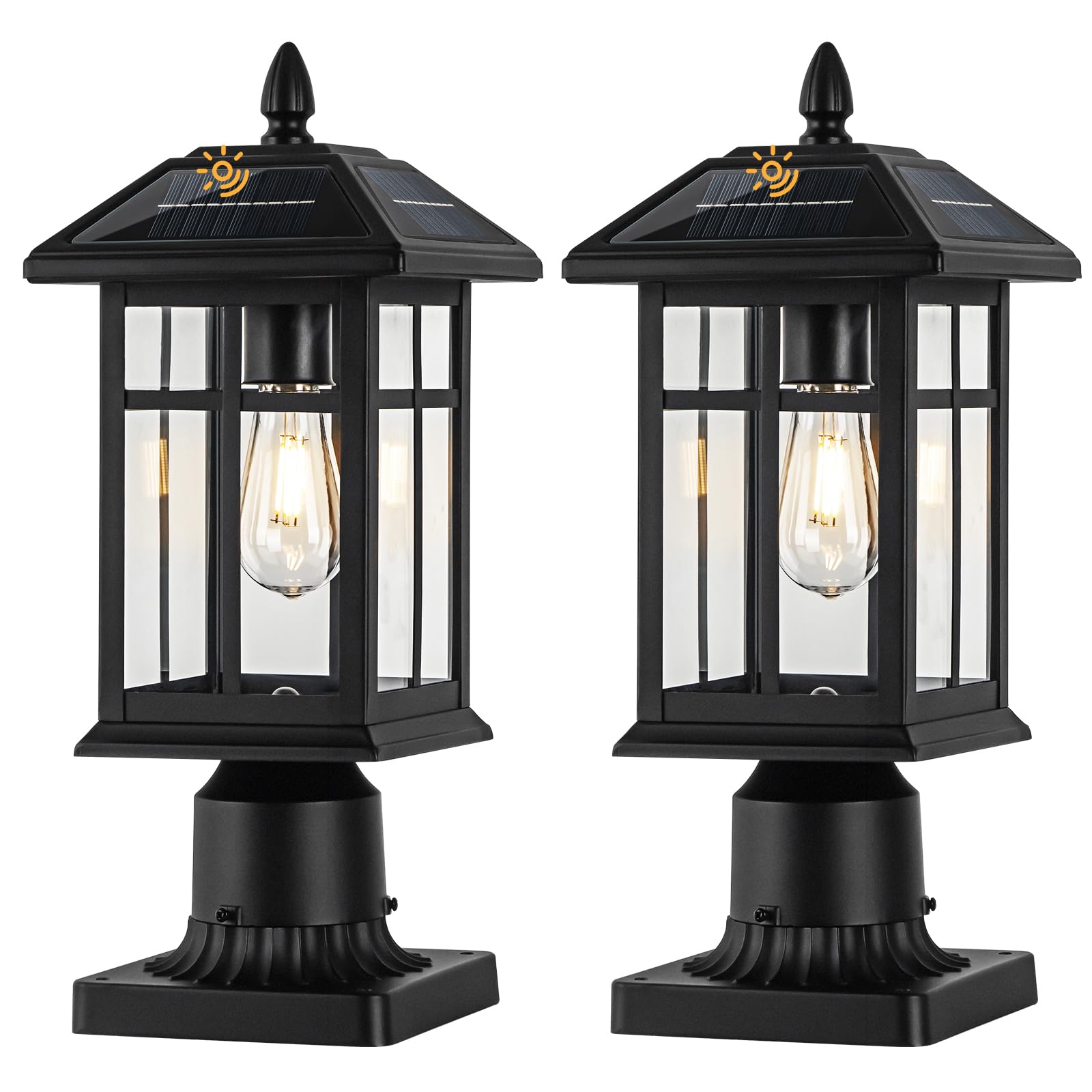 Photo 1 of Brilvibera Solar Post Lights 2 Packs, Waterproof Post Lantern with Pier Mount Base, Aluminum Post Lamp Warm White Bulb Included for Yard Garden Pillar Pole Pathway