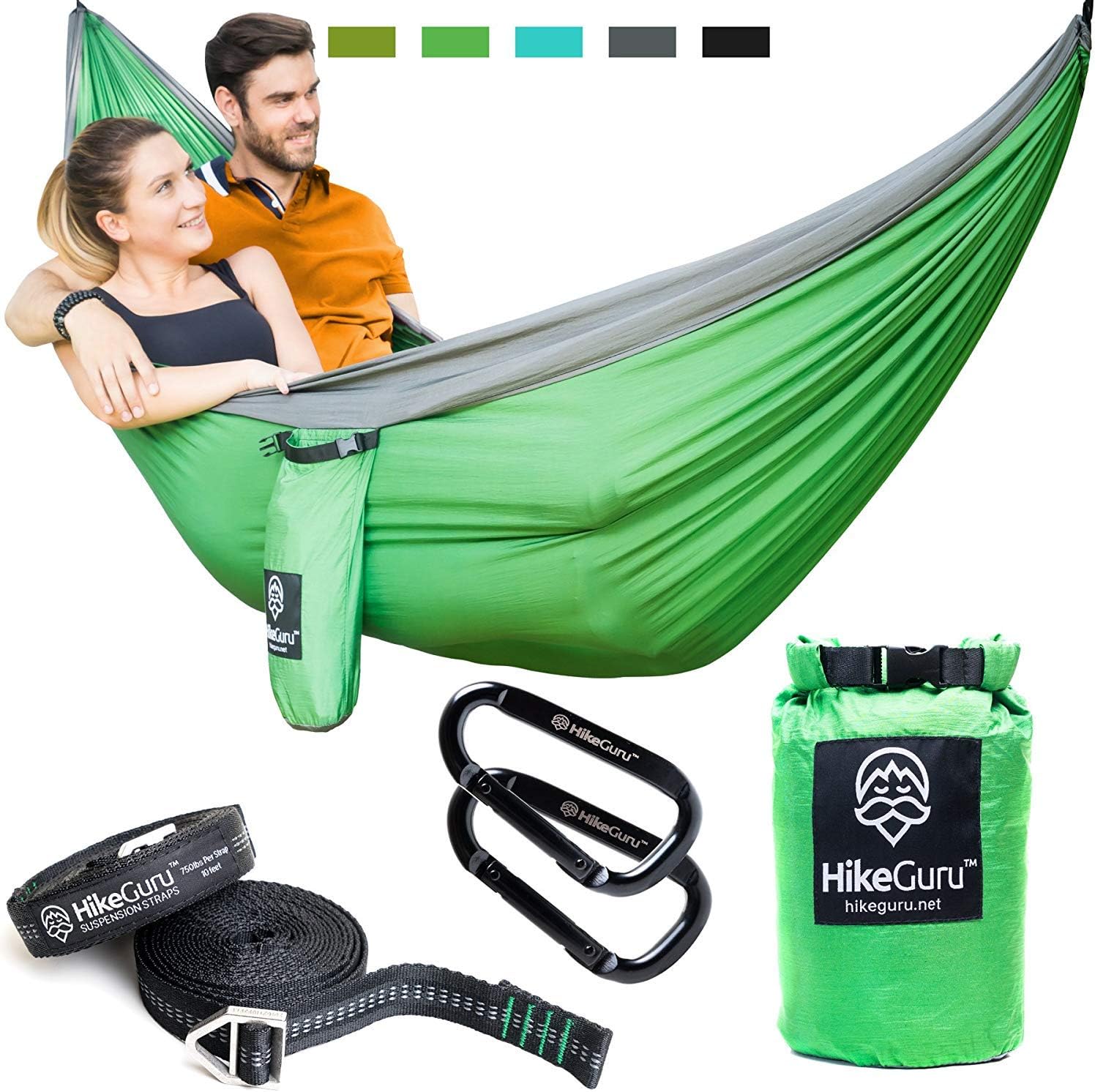 Double Hammock with Tree Straps and Carabiners - by HikeGuru w/ Real Tree Straps| Metallic Buckle System| RISK-FREE 365 DAYS| Lightweight 2.2| Unique Bag Design