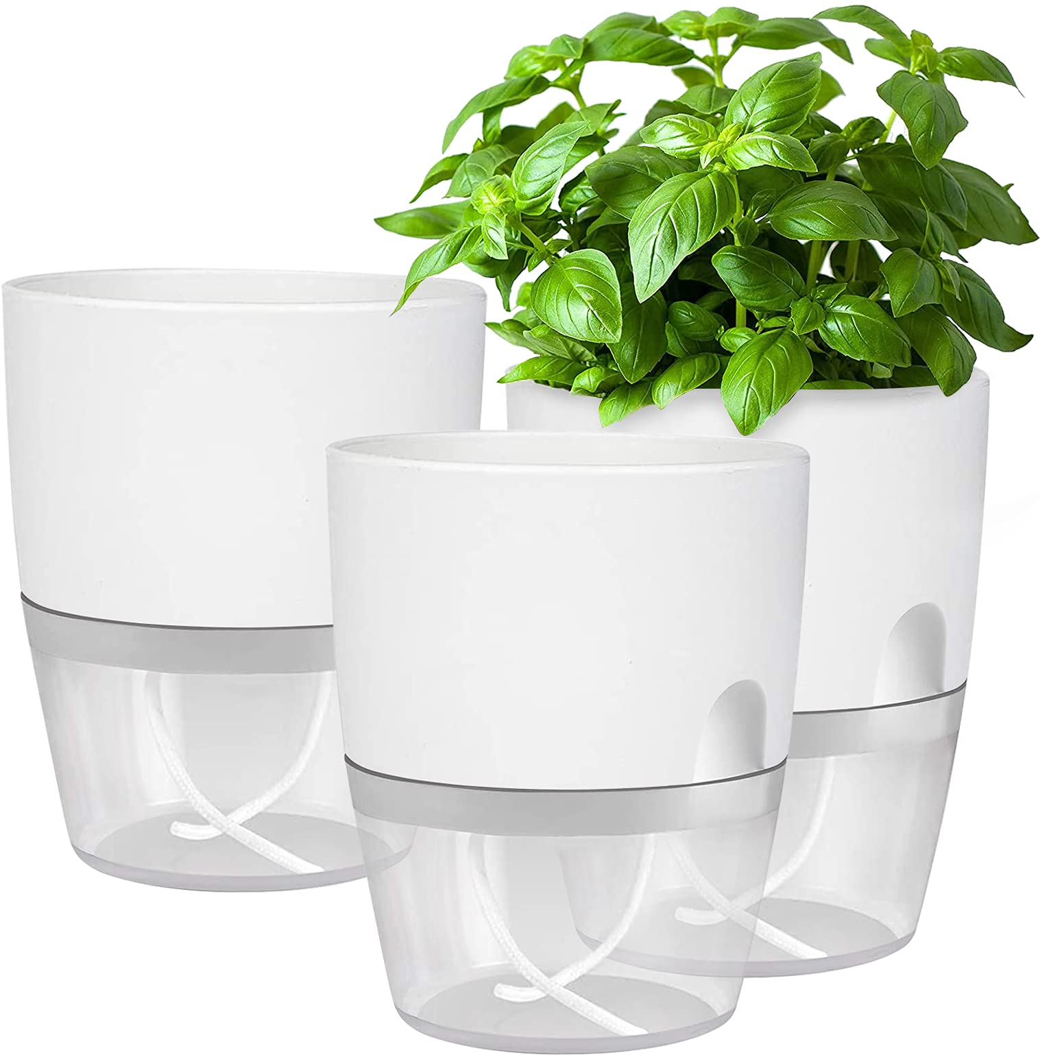 iDattel Plastic Plant Pots Indoor,15.3CM Self Watering Plant Pots 3 Pack,Flower Pot Modern Decorative Plastic Planter with Extra Large Water Storage for All House Plants, Flowers, Herbs(White)